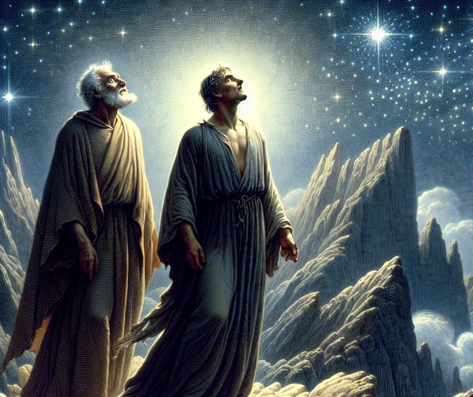 Dante e Virgilio giungono sulla vetta del Purgatorio e vedono le stelle e la Luce del Paradiso